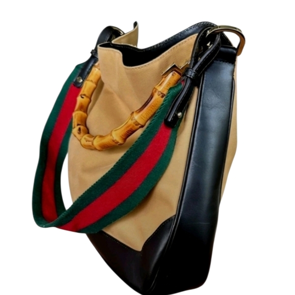 Vintage Gucci Sherry Web Bamboo Handle Two-Way Shoulder Hobo Bag - Picture 2 of 10